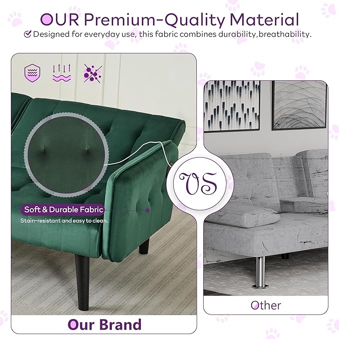 TYBOATLE 65" W Velvet Modern Convertible Folding Futon Couch Sofa Bed w/ 2 USB Charging Ports and arms, Loveseat for Living Room, Office, Apartment, Bedroom (Green)