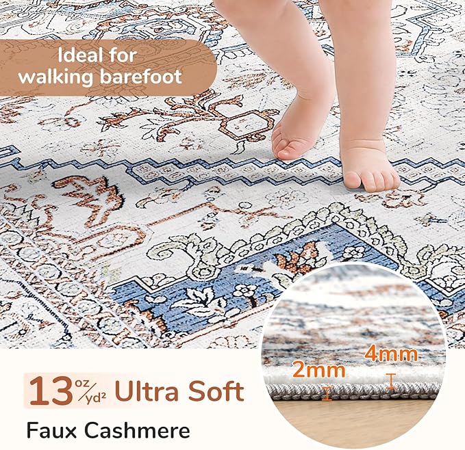 OPPODREAM Thin Round Rug 6ft, Neutral Washable Circle Rug 6ft with Non Slip Backing Play Room, Low-Pile Carpet 6 ft, Faux Cashmere Throw Carpet, Cream White & Blue & Light Brown