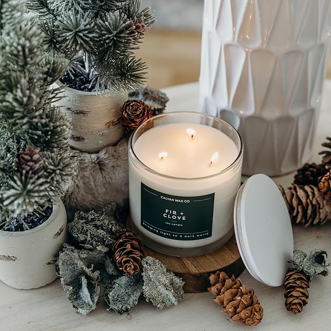Calyan Wax Co. Fir & Clove 3 Wick Scented Candle - 43 Hour Burn - Luxury 3 Wick Soy Candles - Non Toxic Soy Wax Candles - Long Lasting Large Glass Jar Candle for Home - 14.9oz