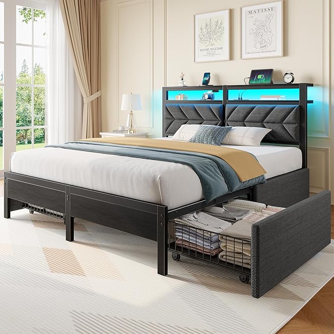 Seventable Queen Bed Frame with 4 Storage Drawers, Charging Station & LED Lights, Upholstered Headboard with 2-Tier Shelves, Metal Platform Bed, No Box Spring Needed, Noise-Free, Grey