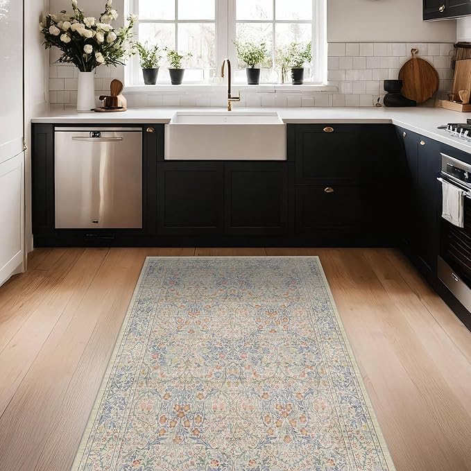 3x5 Washable Area Rug for Bedroom Beside Bed Mat, Large Kitchen, Entryway Rug Indoor - Ultra Soft Vintage Floral Beige Blue Decor Non-Slip Low Pile Stain Resistance