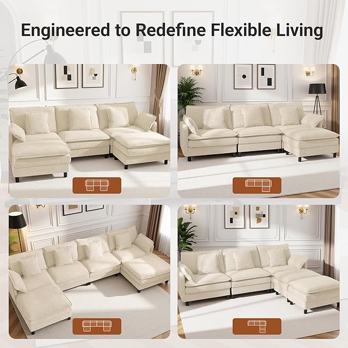 Claiks 110" Modular Sectional Sofa, Cloud Couch with Ottoman, L-Shaped 4-Seater Sofa in Chenille Fabric, Deep Seat Comfy Couch with Pillows for Living Room & Offices, Beige