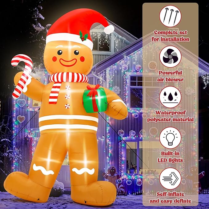 12FT Christmas Inflatables, Giant Blow Up Christmas Gingerbread Man Decorations, Lighted Up Xmas Gingerbread with Red Hat and Candy Cane, Pre-lit Christmas Archway Inflatable Decor for Yard Lawn