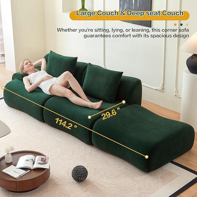 Modular L Shaped Sectional Couch, 114" Boneless Couches for Living Room with Deep Seat, Modern Lounge Sofa Sectional Sofa with Convertible Ottoman, Green Cloud Couch - No Assembly Required