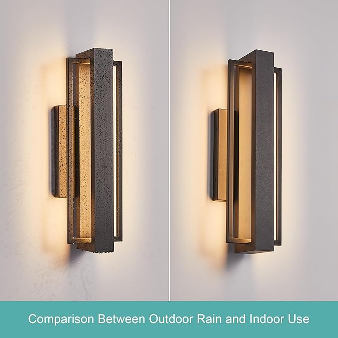 Double Square Frame Outdoor LED Wall Light, 15 Inch Textured Black Wall Sconce, Sleek Modern Light Fixture, Integrated LED 3000K 16W, Outside Lights for Patio, Porch, Front Door or Garage