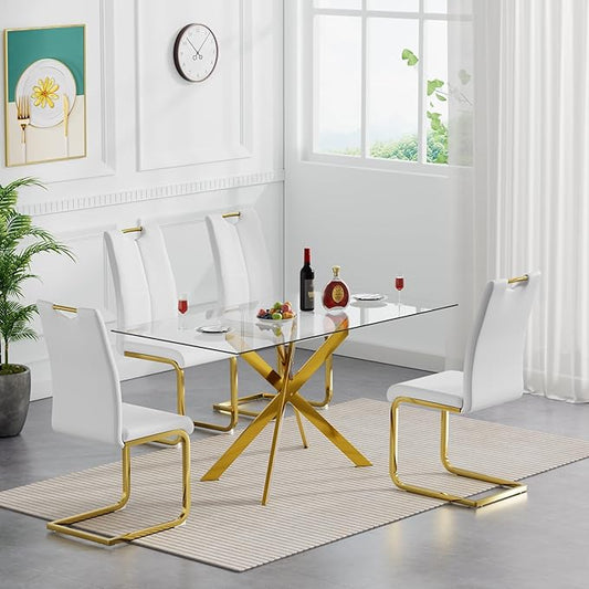 Modern Glass Dining Table Set for 4, Gold Glass Kitchen Table and Chairs Set of 4, 5 Piece Dining Room Table Set with 61" Rectangular Metal Glass Dinner Table and 4 White Leather Dining Chairs