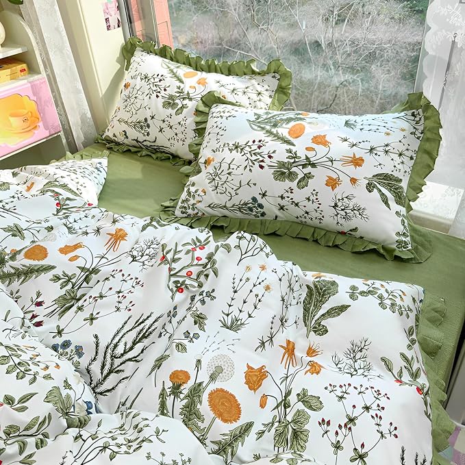 Romantic Green Floral Duvet Cover Queen 3 Pieces Ruffle Duvet Cover Girls Flower Comforter Cover 100% Cotton Vintage Floral Green Lace Bedding Cottagecore Flower Comforter Cover with 2 Pillowcases