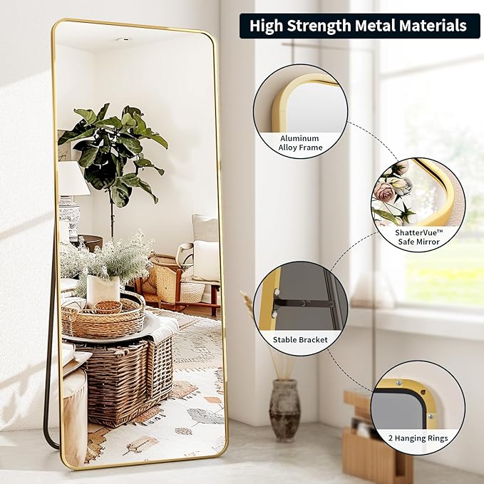 Full Length Mirror 23"x66", Large Floor Mirror with Rectangle Rounded Corners, Gold Aluminum Alloy Frame, Wall Mirror for Full Body