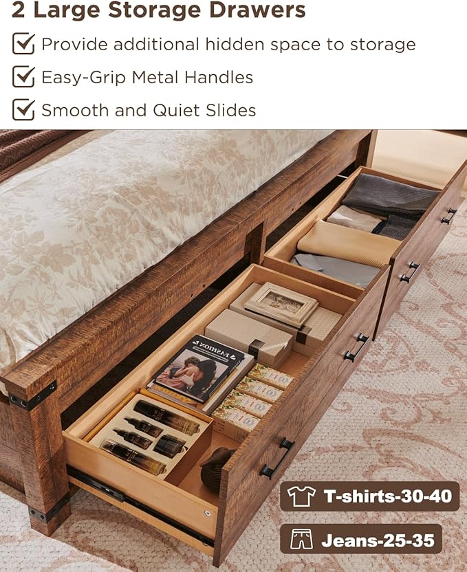 T4TREAM Farmhouse Queen Size Bed Frame with 54" Tall Geometric Headboard & 2 Large Storage Drawers, Rustic Wood Platform Bed with Wood Slats Support, No Box Spring Needed, Reclaimed Barnwood