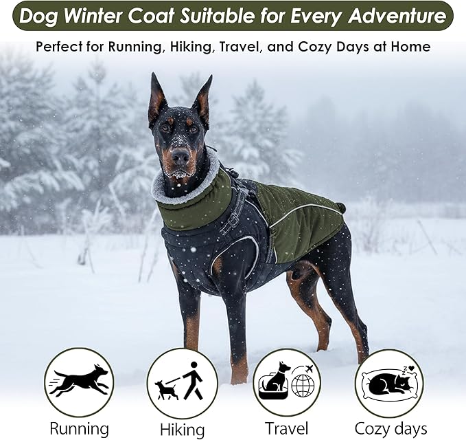 ASENKU Reflective Dog Coat with Built-in Harness, Windproof Fleece-Lined Dog Jacket for Small, Medium, Large Dogs, Warm Winter Vest with Turtleneck & Zipper (Green 3XL)