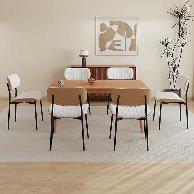 Modern PU Leather Dining Room Chairs Set of 6, Upholstered Kitchen Chairs with Curved Wood Backrest and Metal Legs Adjustable Feet for Kitchen Dining Room(White)