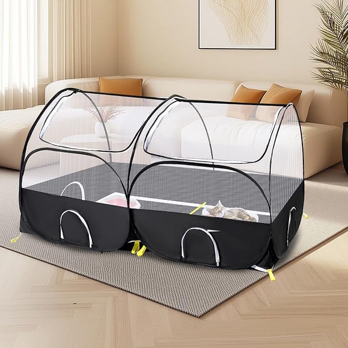SlowTon Small Animals Playpen, Portable Large Chicken Run Coop with Detachable Bottom Breathable Transparent Mesh Walls, Foldable Pet Enclosure for Puppy Kitten Rabbits Outdoor Indoor (B,Sloping Top)