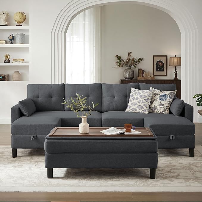 101" Convertible Sectional Sofa with Ottoman Coffee Table, Modern Linen Fabric U-Shaped Couch with Storage Pocket, 4 Seat Sofa Couches for Living Room, Apartment, Office, Darkgrey