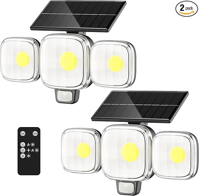 CINOTON Solar Motion Sensor Outdoor Lights, 3 Modes LED Security Flood Light with Remote Control, IP65 Waterproof Solar Powered Outside Wall Lighting for Garden Patio Garage Yard Entryway Black 2 Pack