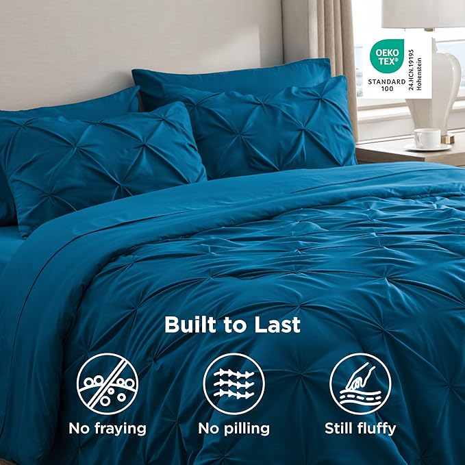 Bedsure Full Comforter Set Teal - Bed in a Bag Full Size Bedding Set 7 Pieces, GentleSoft™ Pintuck Bed Set Gift for Family, Pinch Pleat All Season Comforter with Sheets, Pillowcases & Shams