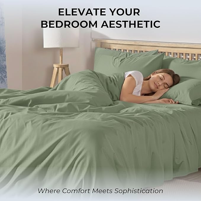 100% Natural Cotton Bed Sheets | 500 TC Single-Ply Sateen Weave Full Size Sheets | Soft, Breathable, Hypoallergenic Solid 4-Piece Bedding with Deep Pocket Fitted, Flat, Pillowcase | Sage