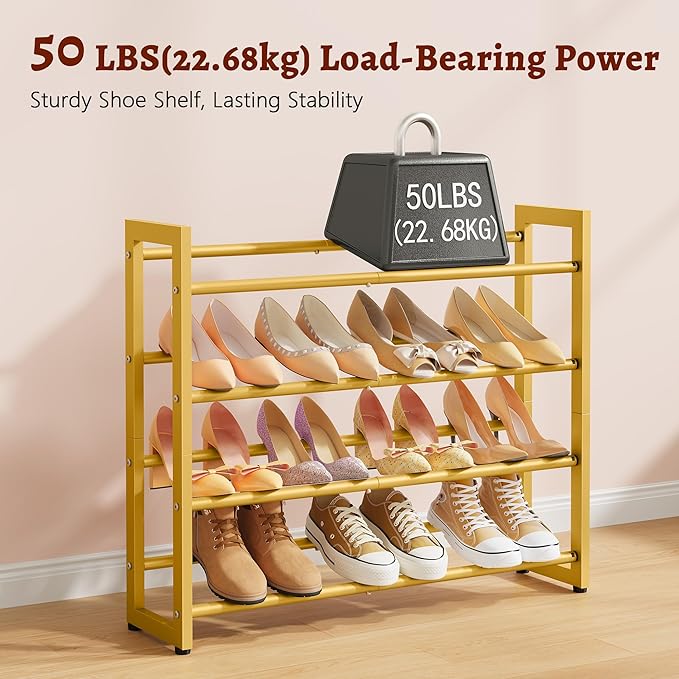 FAVOOSTY 4-Tier Expandable Shoe Rack, Adjustable Shoe Shelf Storage Organizer Space Saving Metal Free Standing Shoe Rack for Entryway Closet Doorway, Gold