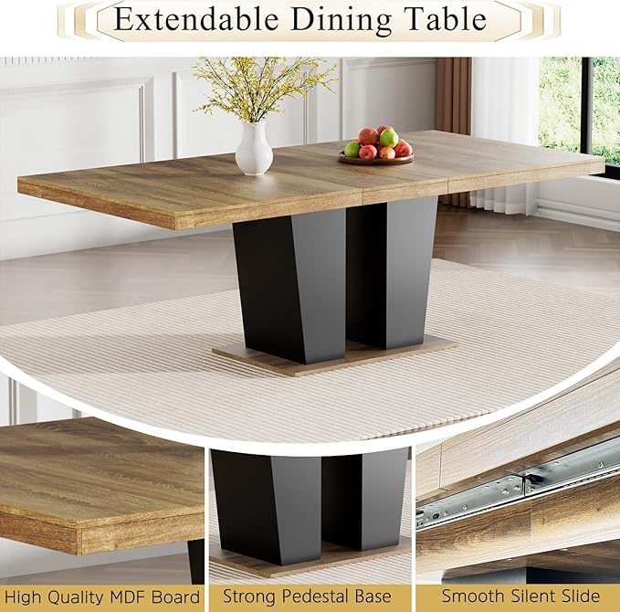 Goujxcy 78.7" Extendable Dining Room Table Set for 8, 9-Piece Farmhouse Kitchen Dining Room Table Set with Wood Base and 8 Black Velvet Tufted Chairs, Extending Kitchen & Dining Table Set of 8