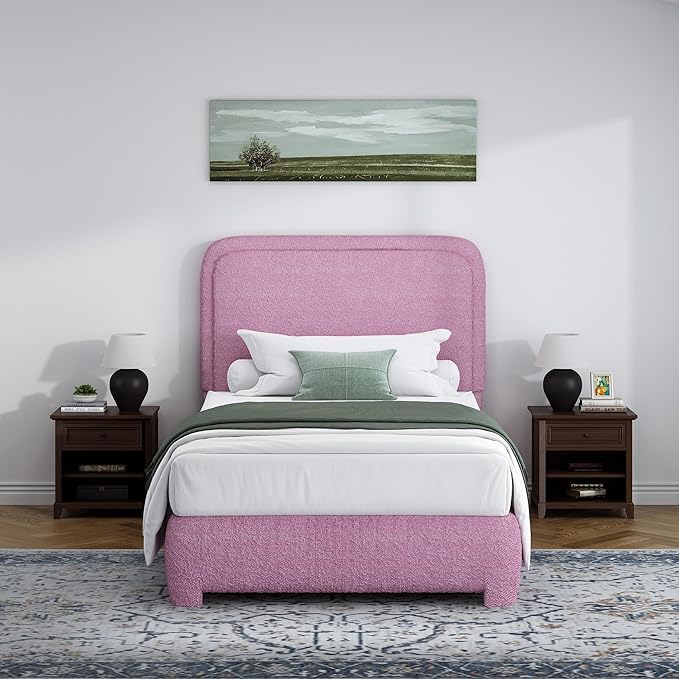 BarnFurin Twin Size Bed Frame, Boucle Upholstered Platform Bed Frame with Headboard, Modern Style, Soft Rounded Corners, No Box Spring Required, Easy Assembly, Rose Pink