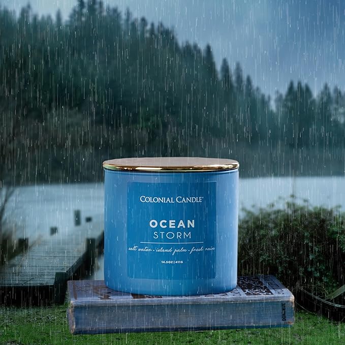 Colonial Candle Ocean Storm Scented Jar Candle, Pop of Color Collection, 3 Wick, Blue, 14.5 oz - Up to 60 Hours Burn