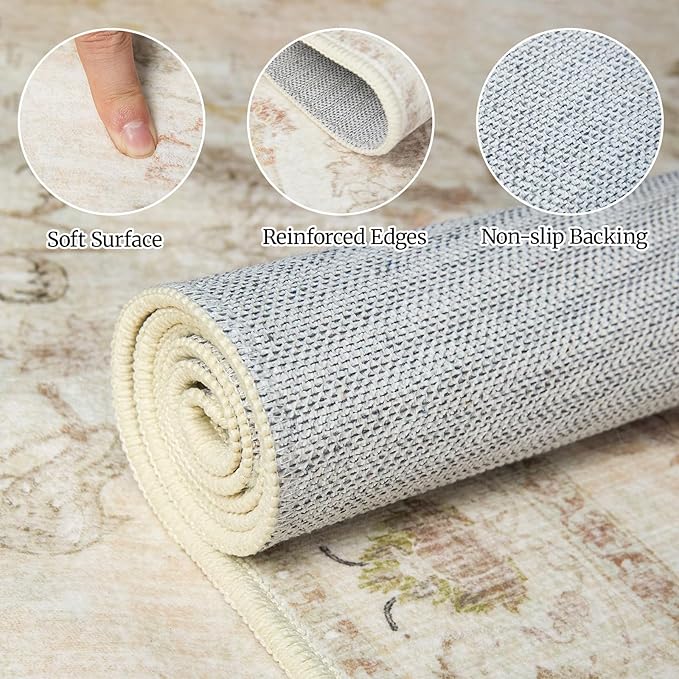 5x7 Soft Washable Area Rugs for Living Room and Bedroom, Non-Slip Stain Resistant Indoor Carpet, Cozy Floor Mat for Dining Room, Office, Under TableStain Resistant Persian Beige Floral