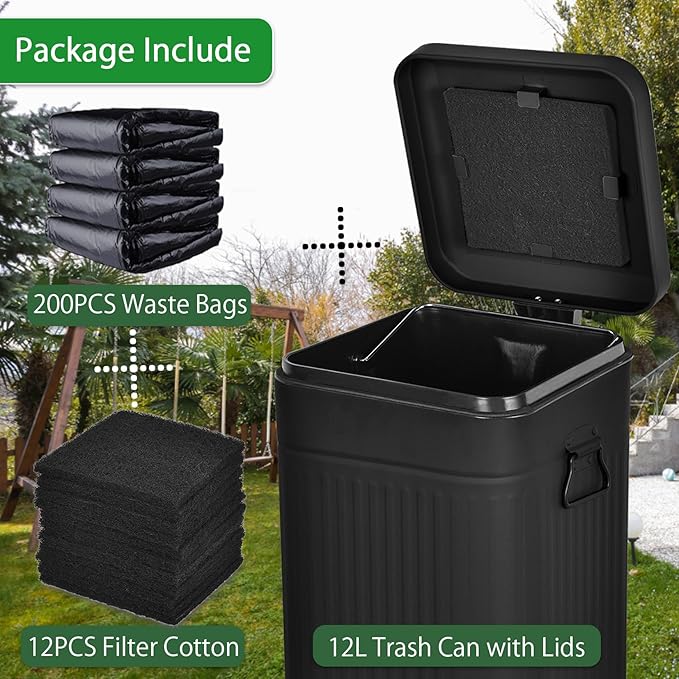 Dog Poop Trash Can with Lid for Outdoors，3.2 Gallon Trash Can with Activated Carbon Filter & Plastic Bags, Pet Waste Container，UP12L-BK-F+200BK
