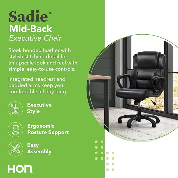 HON Sadie Executive Chair, Leather Ergonomic Office Chair with Adjustable Arms and Back Support, 360 Swivel, Black