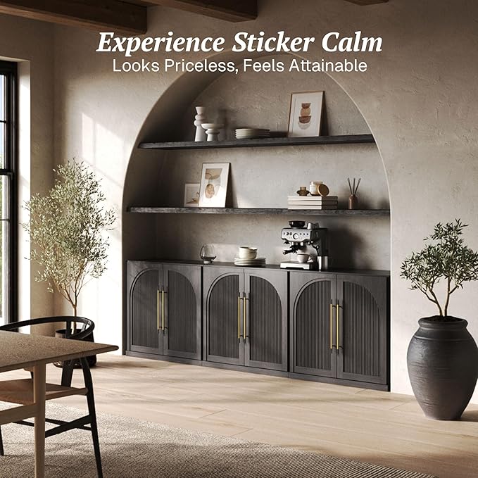 BELLEZE Set of 2 Modular Sideboard with Double-Arc Wood Doors, Small Arched Buffet Cabinet with Storage and Adjustable Shelves, Classic Modern Credenza for Dining Room, Living Room or Entryway(Ebony)