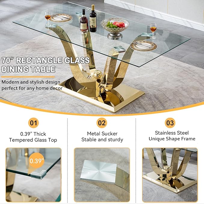 70" Modern Gold Glass Dining Table Set for 6, 7-Piece Rectangle Kitchen Dining Room Table Set with Steel Base & 6 Black Velvet Upholstered Chairs, Modern Glass Kitchen Table and Chairs Set of 6