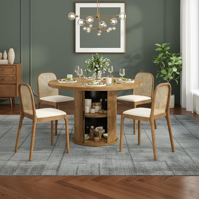 Farini 43" Round Dining Table for 4-6 with Storage Space,Modern Kitchen Room Table with Wood Top & Sturdy Metal Base,Walnut