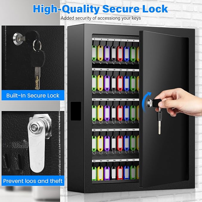 125 Keys Key Lock Box Wall Mount, Anti-Theft Key Organizer with Colored Key Tags and Key Drop Slot, Conveniently Key Cabinet for Car Garage House Rental Office Business