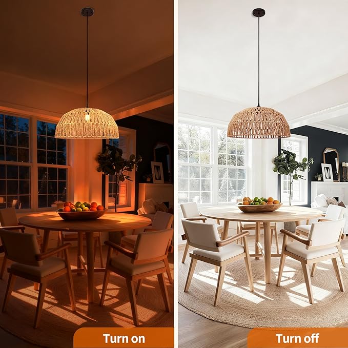 14''Natural Rattan Chandelier Small Rattan Pendant Light -Farmhouse Boho Hanging Light with Included E27 Bulb, 120V Wicker Chandelier for Dining Room Bedroom Living Room Island