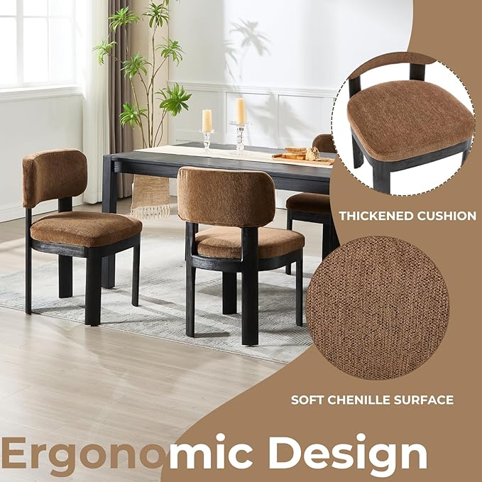 Modern Brown Upholstered Dining Chairs Set of 6 Wooden Side Chairs with Curved Backrest and Black Legs for Kitchen Island, Dining Room