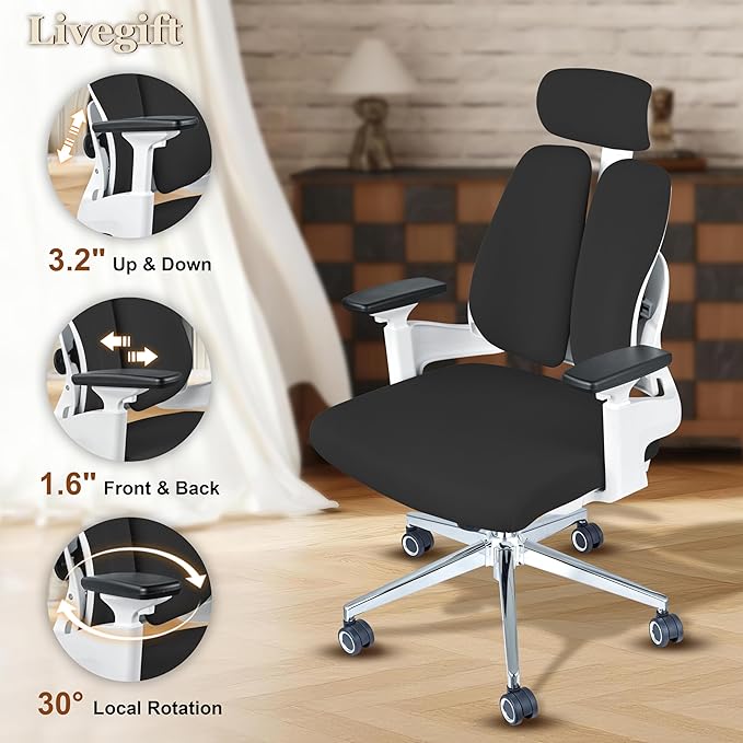 Ergonomic Office Chair Big and Tall Desk Chair, Dual-backrest Computer Chair with 6D Adjustable Arms and Lumbar Support, 500lbs Extra Wide Seat, for Home & Office Use,Black