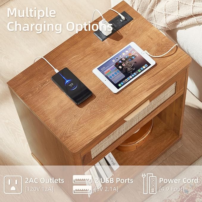 LEYAOYAO Boho Rattan Coffee Table Sets 2 Pieces, Nightstand with Charging Station and Coffee Table with Hidden Storage Compartment, Brown Living Room Table Set, Wood Furniture Sets for Home Office