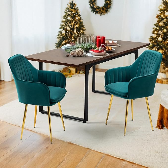 ECOTOUGE Matte Velvet Dining Chairs Set of 2, Modern Arm Chair with Golden Metal Legs, Living Room Accent Chairs for Kitchen, Emerald Green