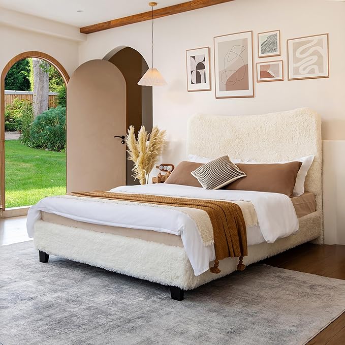 Brafab Queen Bed Frame with Headboard, Boho Fluffy Boucle Cloud Upholstered Platform Bed with Soft Rounded Corners and Wooden Slats, No Box Spring Needed, Noise Free, Easy Assembly, Beige
