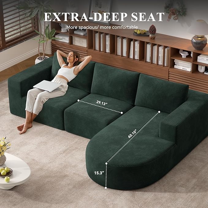 Modular Sectional Sofa with L-Shape Chaise,Cloud Sectional Modern Sleeper Couch with Deep Seat,Sponge Compression Sofas No Assembly Required(Green-Corduroy Fabric) 1PCS