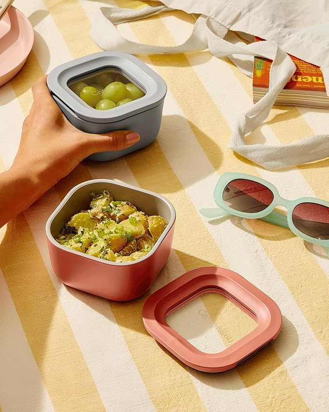 Caraway 6pc Food Storage Container Set - 1.75 Cup Glass Storage Container for Food (6) - Non-Toxic Ceramic-Coated Glass - Air Release Technology - Compact & Stackable Design - Mist