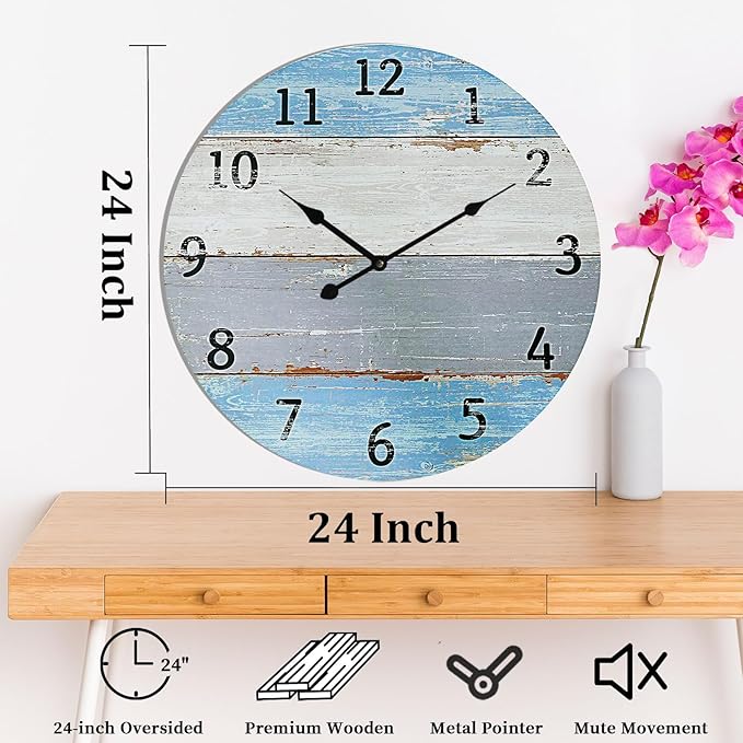 Large Wall Clock for Living Room Decor，24 Inch Blue Round Wood Clock for Bedroom,Coastal Vintage Rustic Clock for Farmhouse Kitchen