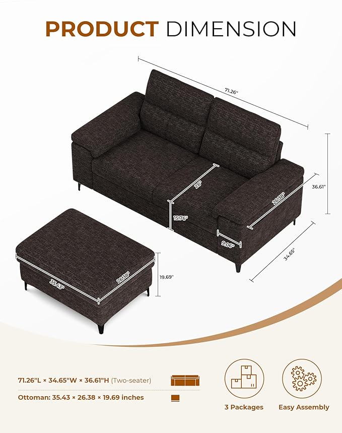 71.25" L Shaped Sectional Couches for Living Room, Deep Seat Sofa with Storage Ottoman & 8”Cushion, Comfy 2-Seater Chenille Loveseat, Convertible Armrest, Removable Cover for Small Space(Dark Gray)