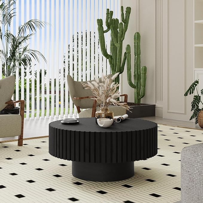 Fluted Coffee Tables 31.5" Round Wood Coffee Table Modern Handcraft Drum Coffee Tables with Sturdy Pedestal Unique Coffee Table for Living Room Home Office (Round Black)