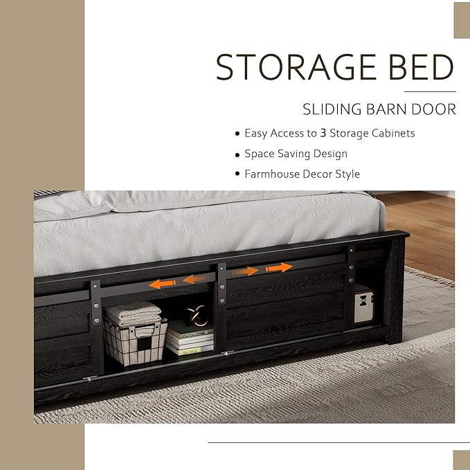 Wooden Bed Frame Full Size with Headboard & Sliding Barn Door Storage Footboard, Farmhouse Platform Bedframe with Charging Station, No Box Spring Needed, Black