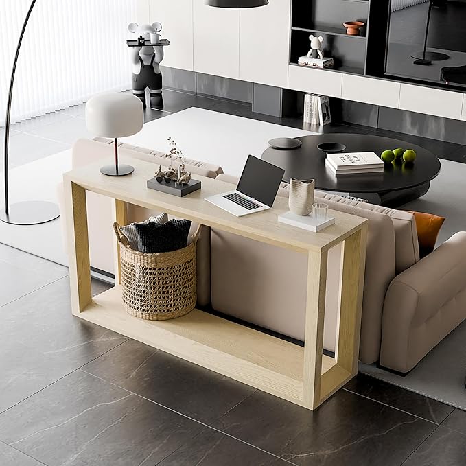 60" Rectangular Solid Wood Veneer Console Table for Entryway, Wide Sofa Table, Behind Couch Table with Ample Storage for Entryway & Living Room, Oak