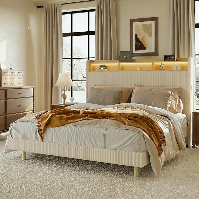FLEXISPOT King Platform Bed Frame with 51" Tall Upholstered Corduroy Headboard, Two-Tier Storage Shelves, LED Light & Charging Station, Remote Pocket, No Box Spring Needed,1100Ibs Heavy-Duty, Beige