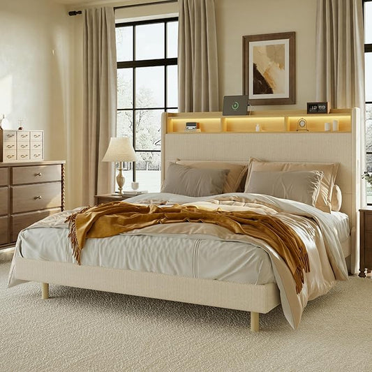 FLEXISPOT King Platform Bed Frame with 51" Tall Upholstered Corduroy Headboard, Two-Tier Storage Shelves, LED Light & Charging Station, Remote Pocket, No Box Spring Needed,1100Ibs Heavy-Duty, Beige