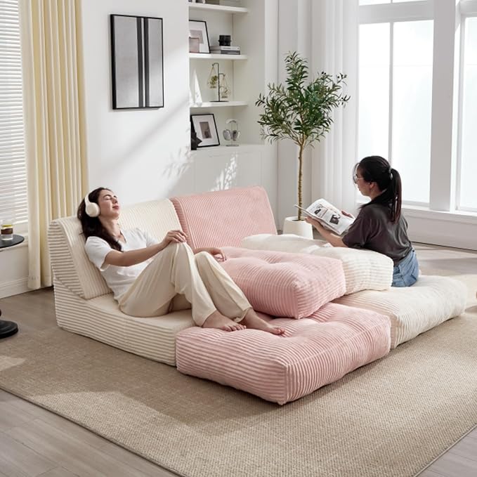 Tbfit 35.8'' Folding Sofa Bed, Convertible Sleeper Chair with Large Pillow, Corduroy Folding Couch Bed, Portable & Foldable Mattress Boneless Floor Single Sofa for Living Room, Bedroom, Office, Pink