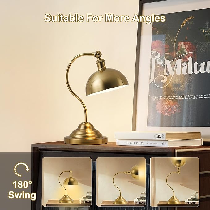 Cordless LED Table Lamp Set of Two, Swing Arm Desk Lamp, Rechargeable, Dimmable/3 Color/Memory Function, Modern Rechargeable Table Light for Living Room,Bedroom,Bedside, Brass