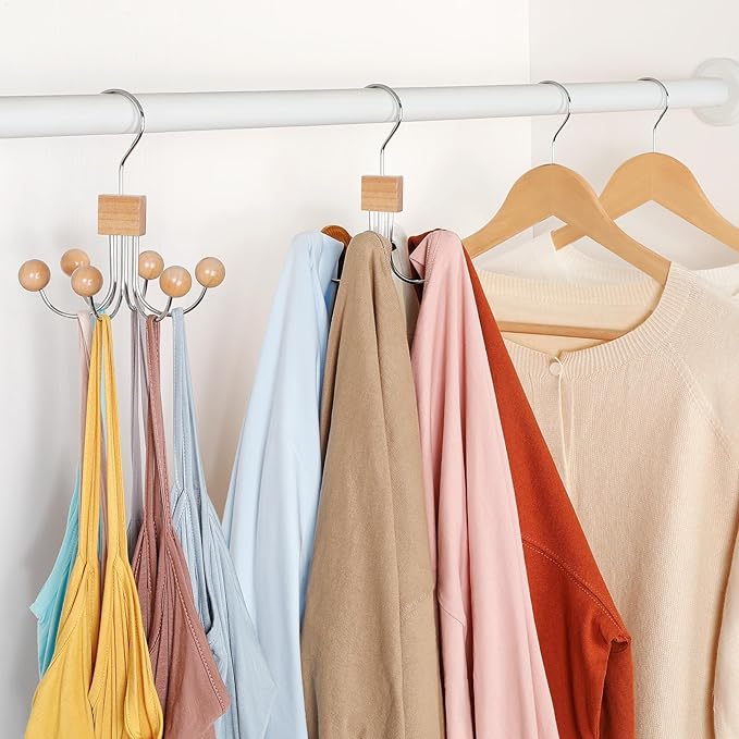 TOPIA HANGER Sweatshirt Hangers 2-Pack with 6 Wooden Balls, Purse Hanger, Scarf Hanger, Wooden Closet Hooks, Handbag Organizer, Bra Hanger, Accessory Organizers for Scarf, Tanktop, Hat, Hoodie CT82N