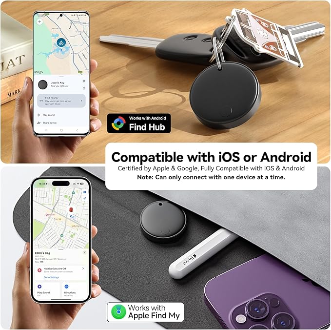 Dual System Smart Tag Tracke for iOS and Android, Smart Bluetooth Tracker Work with Apple Find My or Google Find Hub App, Keys Finder Item Locator, IP67 Waterproof (Black, 2 Pack)